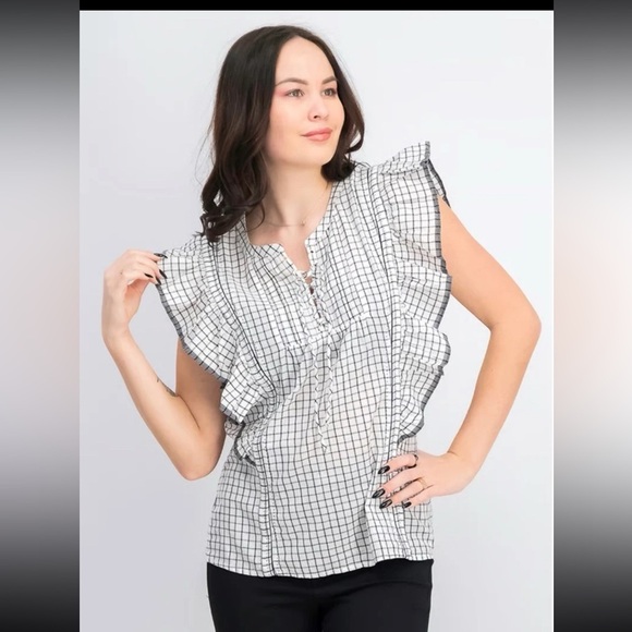 Anthropologie Tops - Anthropologie Scotch & Soda Lace Up Neck Ruffle Sleeve Top, White/Navy
Medium